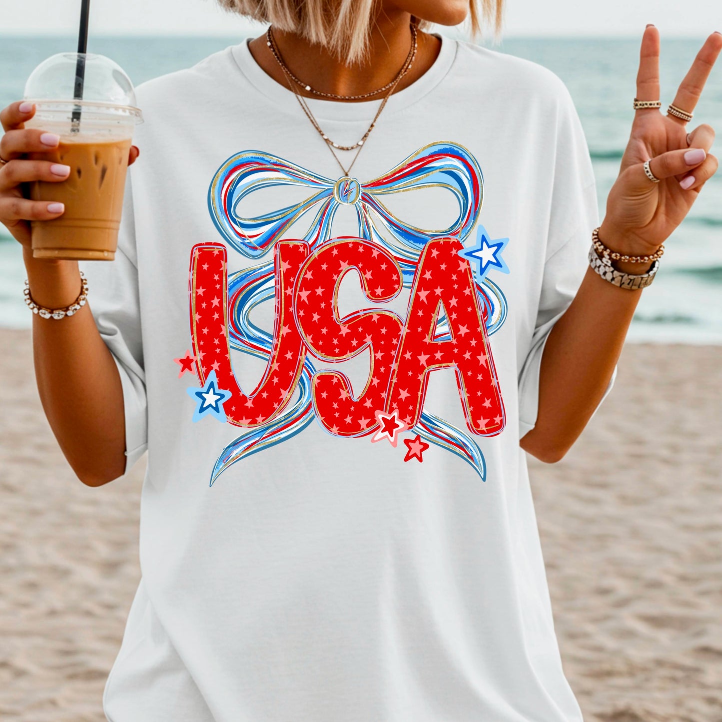 Red White and Blue Bow Tee