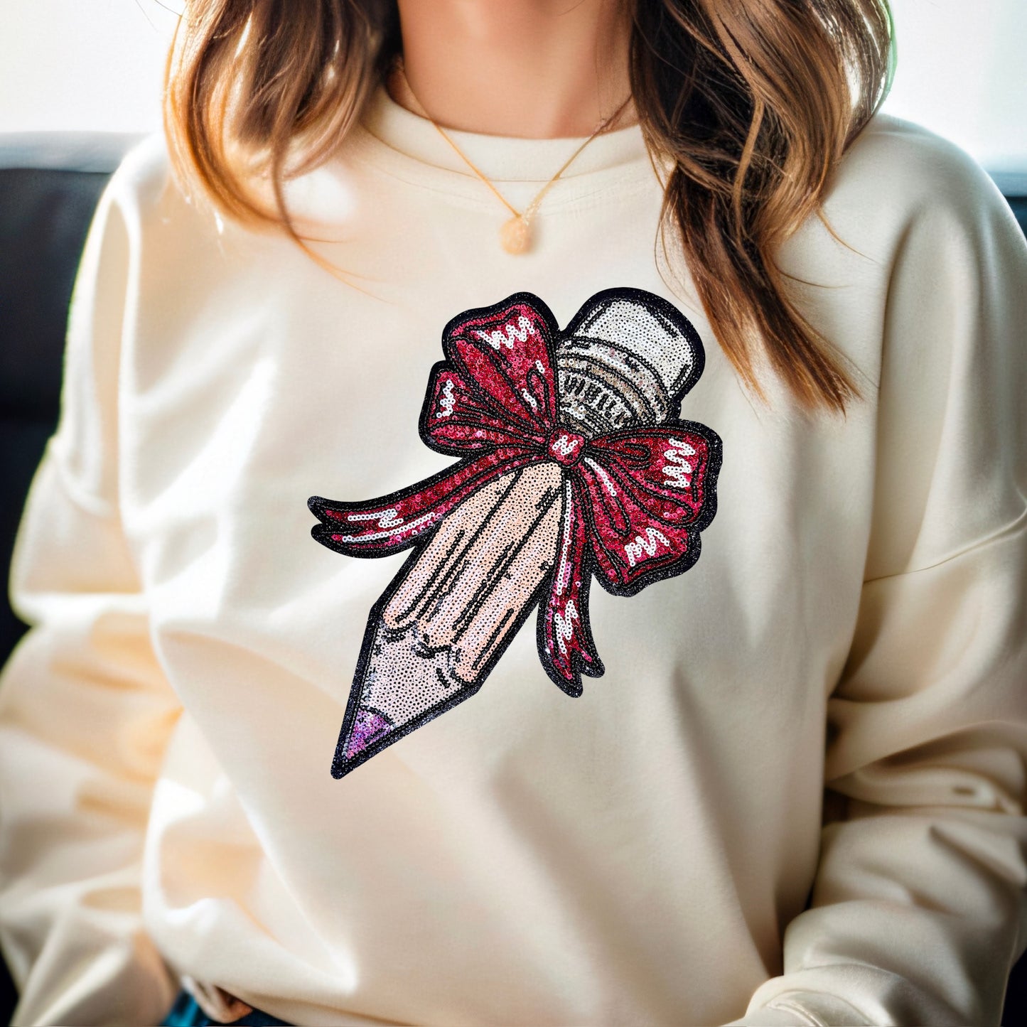 Teacher Sequin Pencil Bow Sweatshirt
