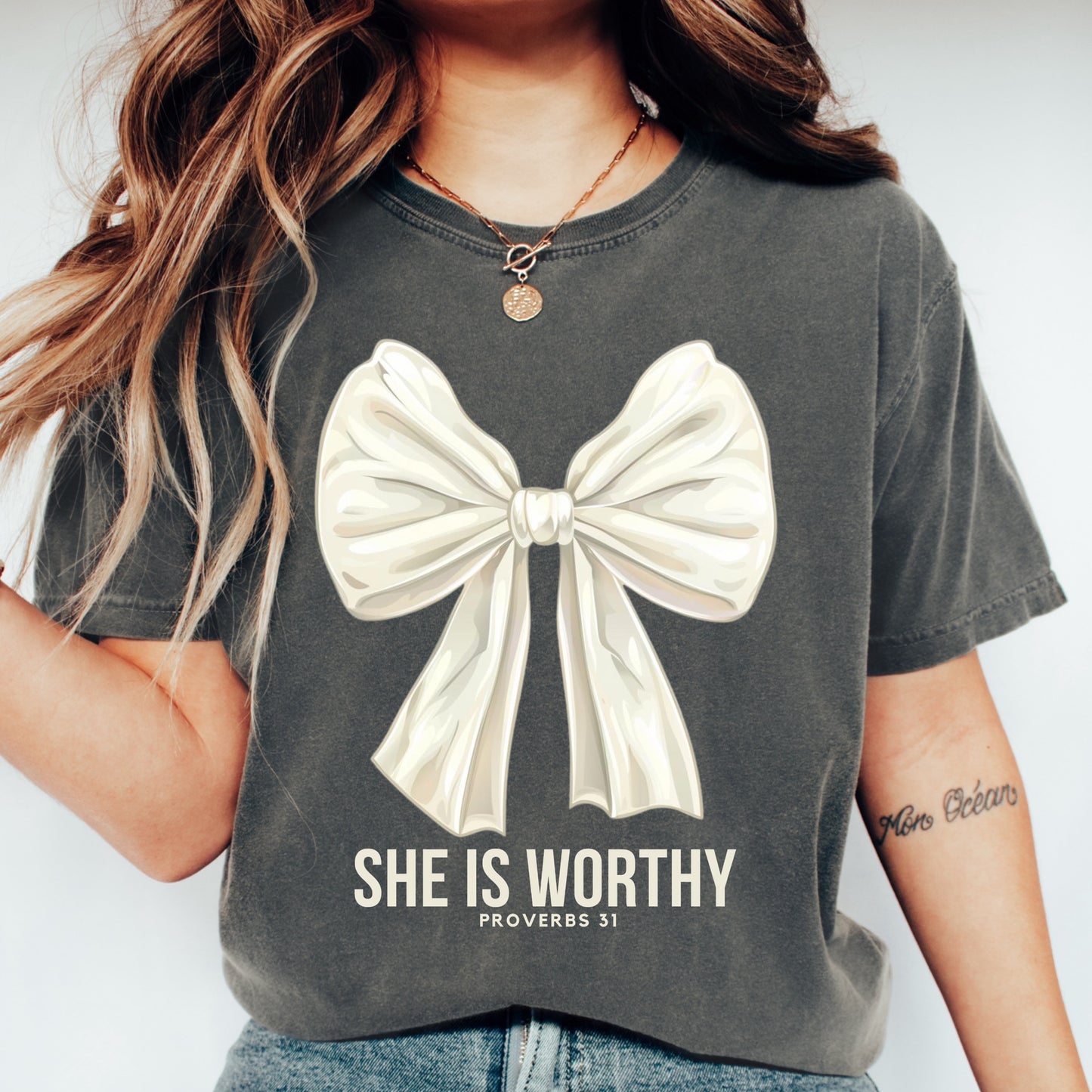She is Worthy Cream Bow Tee