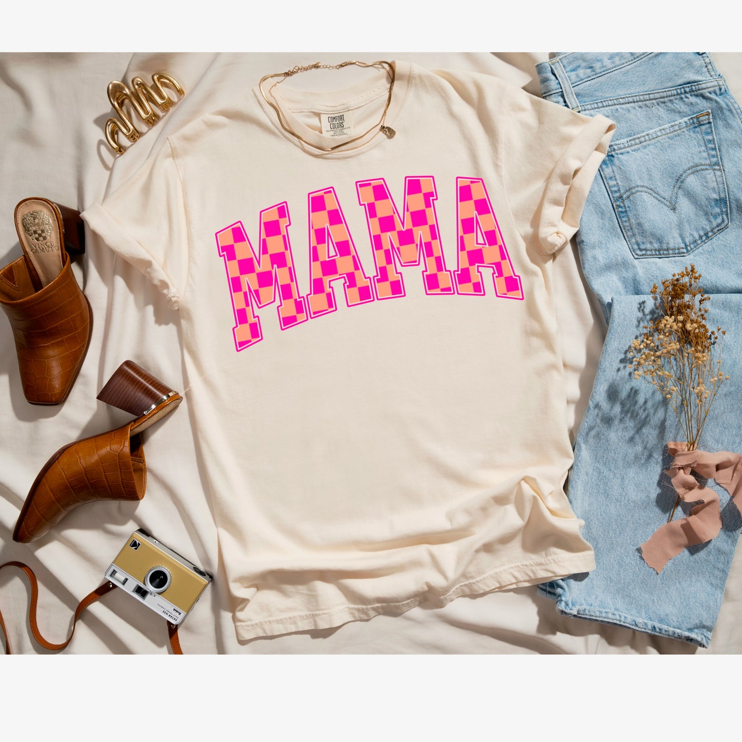 Pink and Orange Checkered Mama Tee