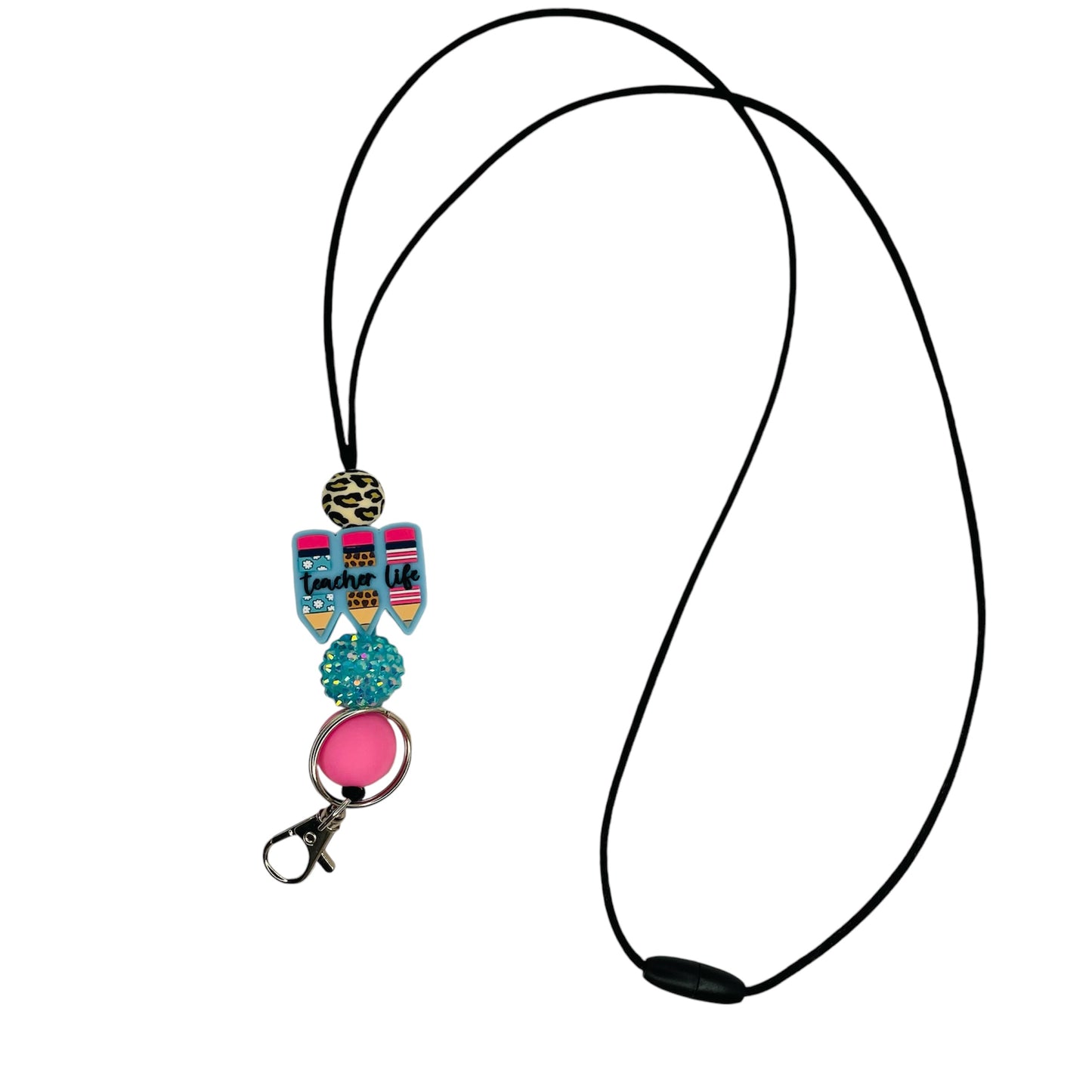 “Teachers Life” lanyard, blue rhinestone bead with leopard silicone bead, teachers lanyard with breakaway clasp