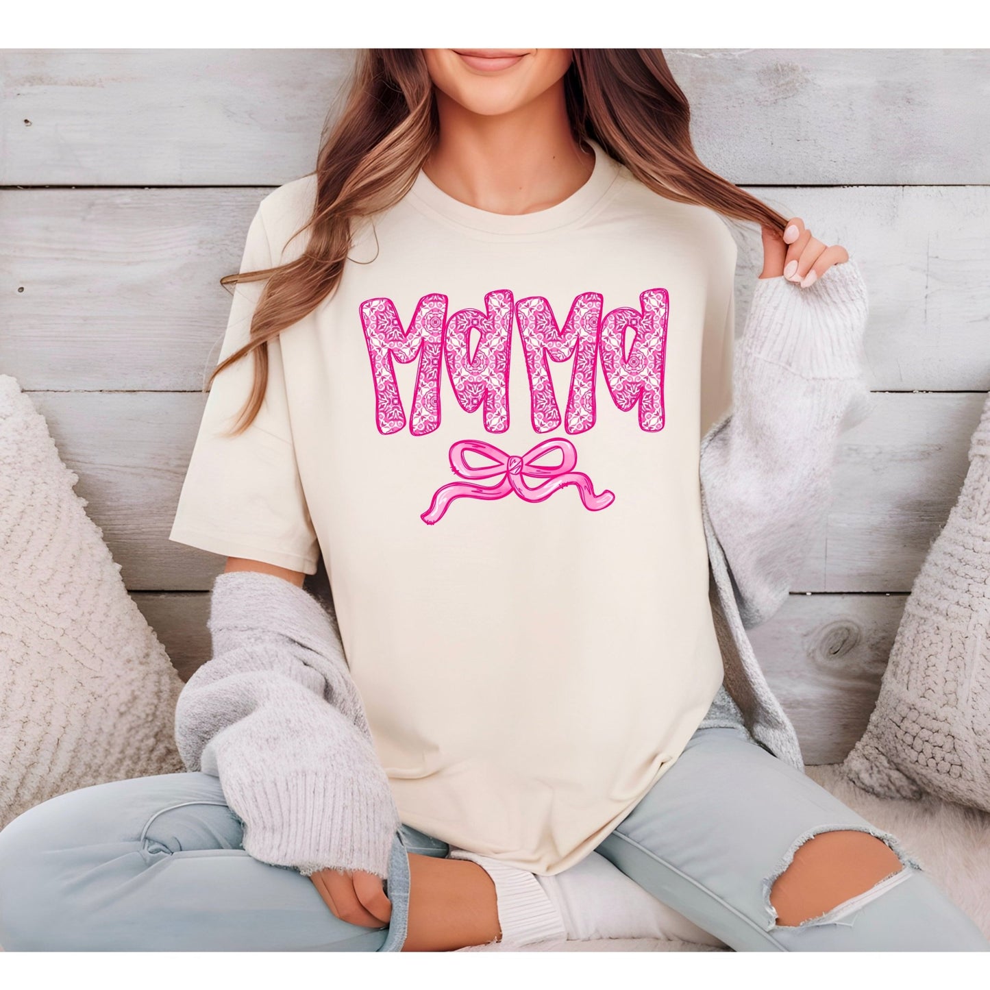 Beautiful Pink Mama Bow Ivory Tee - KLC by Karelyn D