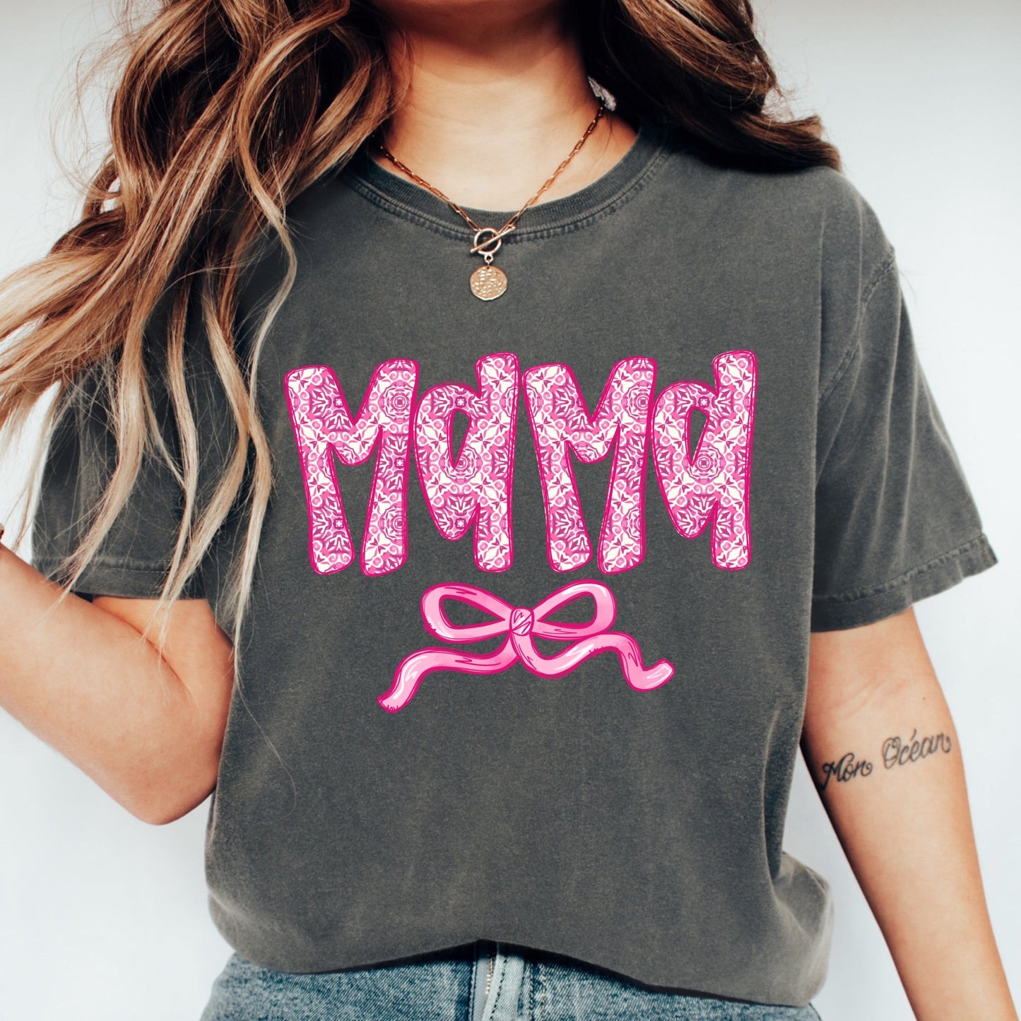 Beautiful Pink Mama Bow Ivory Tee - KLC by Karelyn D