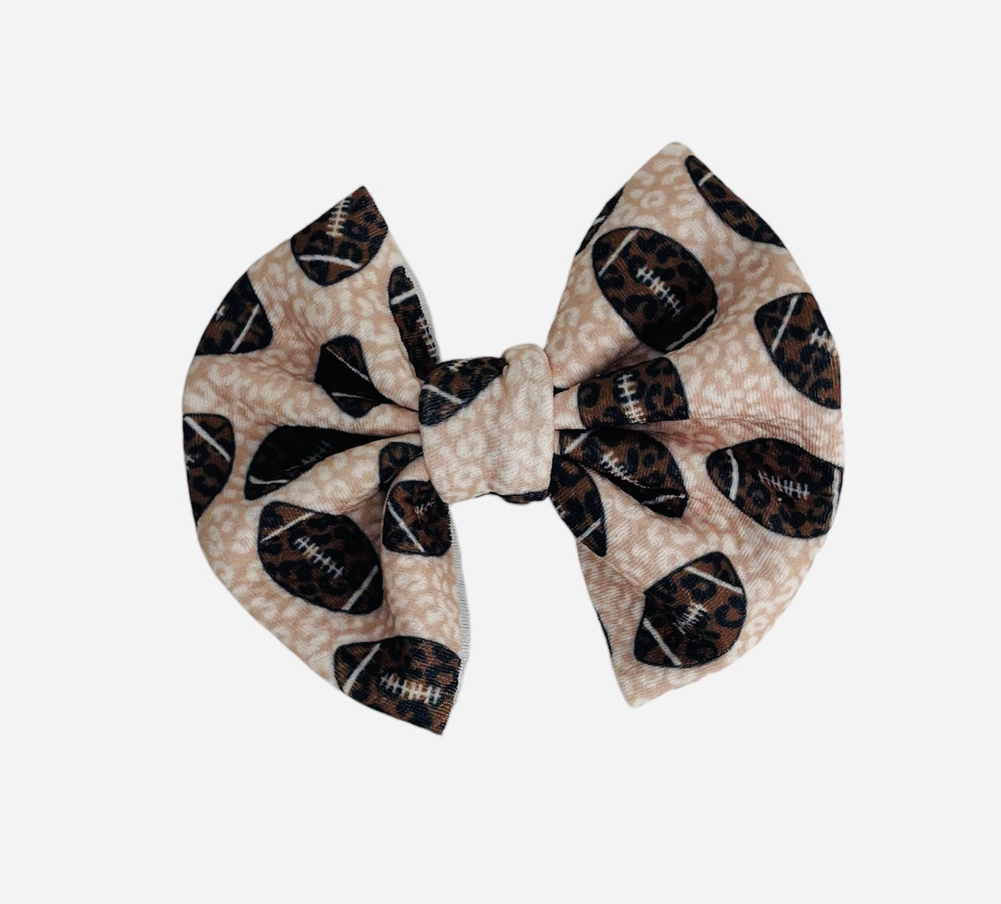 Leopard Football Bow, 5 inch hair bow, soft bullet fabric, Football Bow, Beige Leopard bow with footballs - KLC by Karelyn D