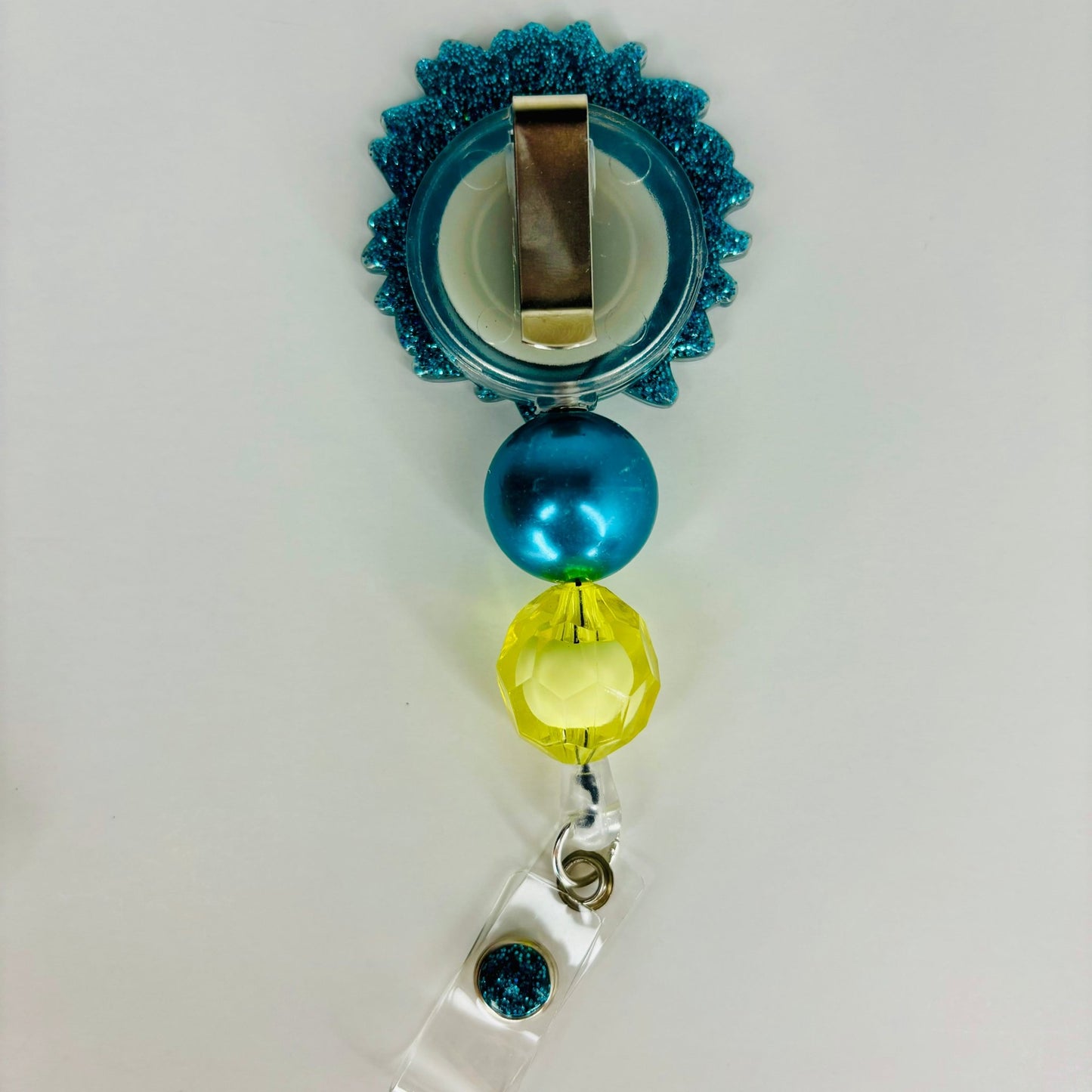 Leopard Sunflower Badge Reel, Turquoise glitter, Beaded badge reel, ID badge holder, Cute Sunflower with leopard petals badge reel - KLC by Karelyn D