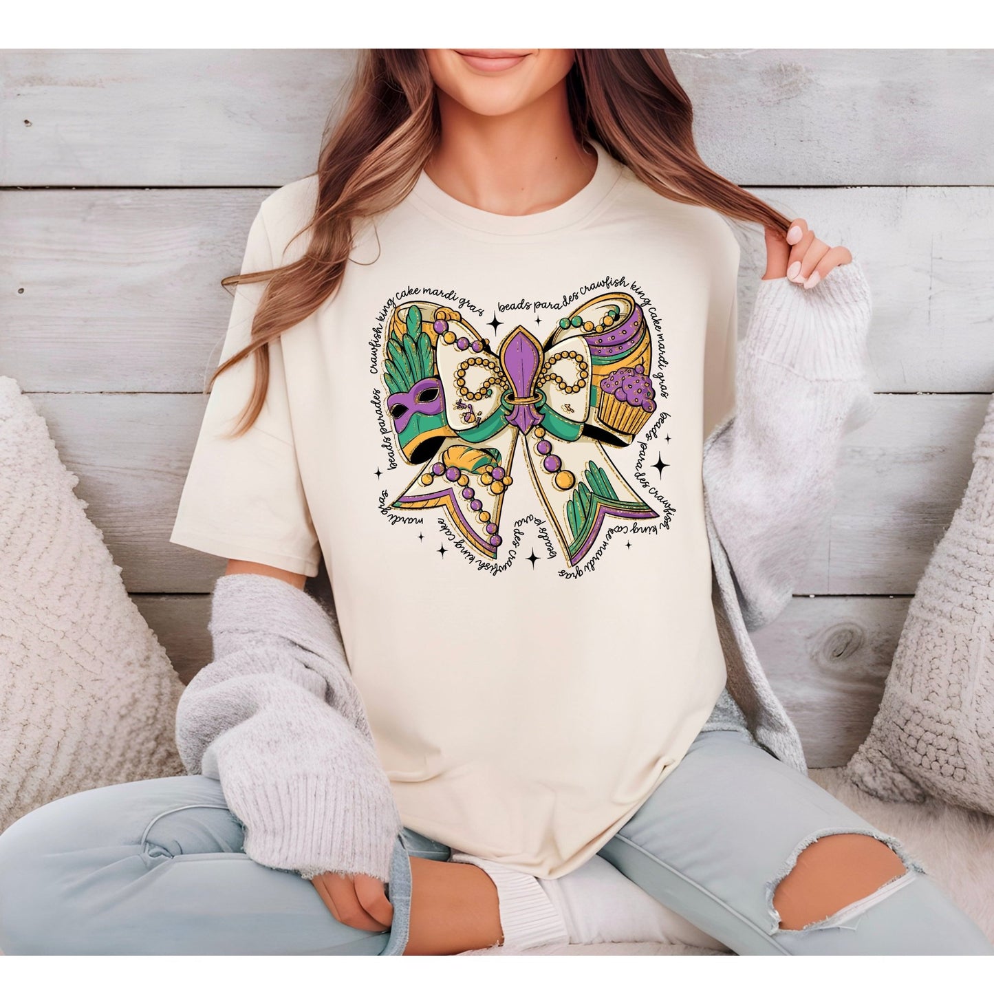 Mardi Gras Coquette Bow on Ivory Tee - KLC by Karelyn D