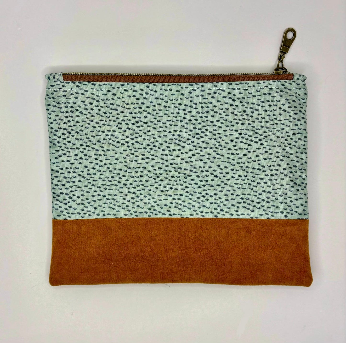 Minty Blue Bag with Navy spots and suede bottom, brass zipper - KLC by Karelyn D