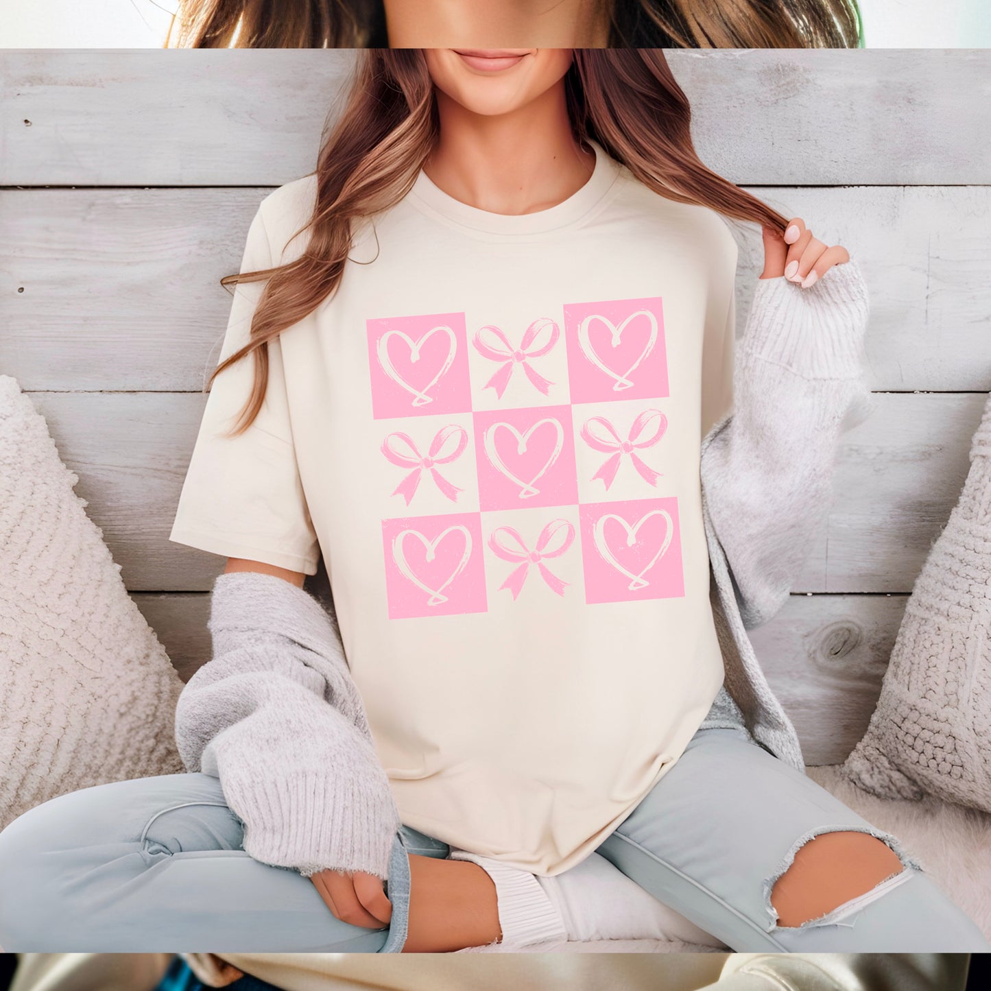 Pink Heart Tic Tac Toe Ivory Tee