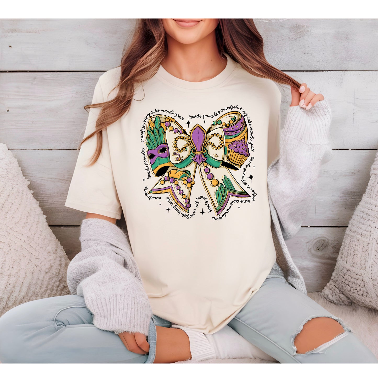 Mardi Gras Coquette Bow on Ivory Tee