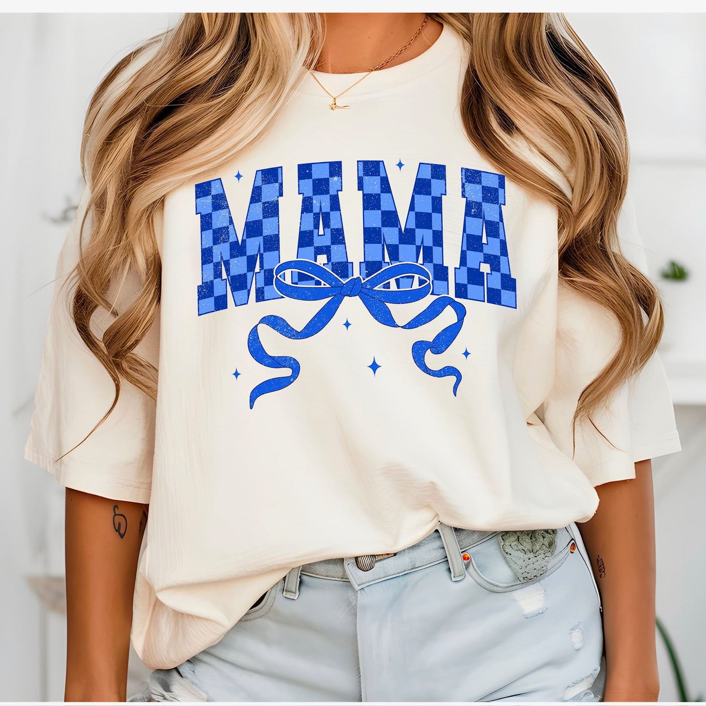 Blue Checkered Mama Tee