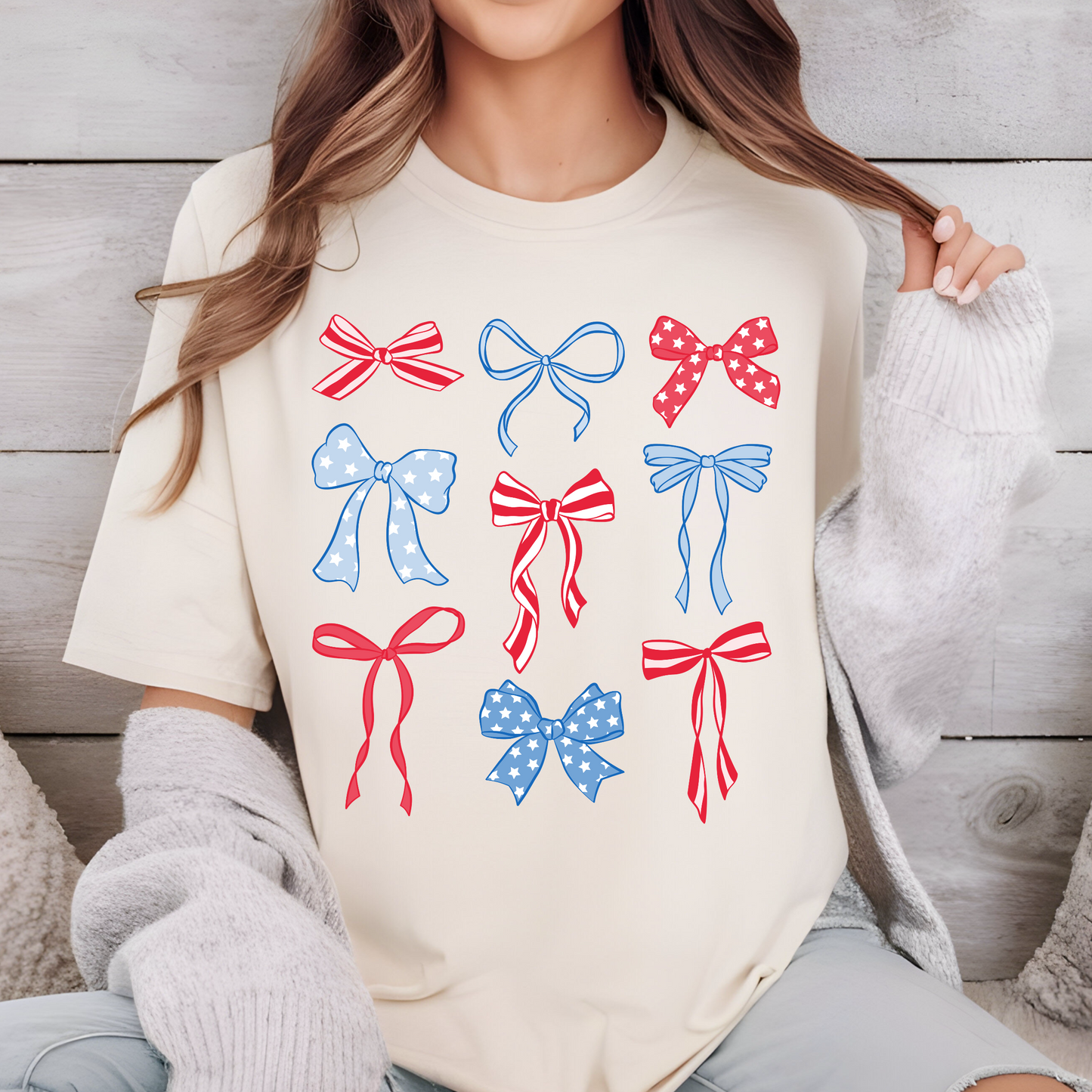 Patriotic Bow Shirt, Red, white, and blue Coquette Bows Tshirt, USA apparel, Patriots Day shirt, Ivory Comfort Colors Tshirt