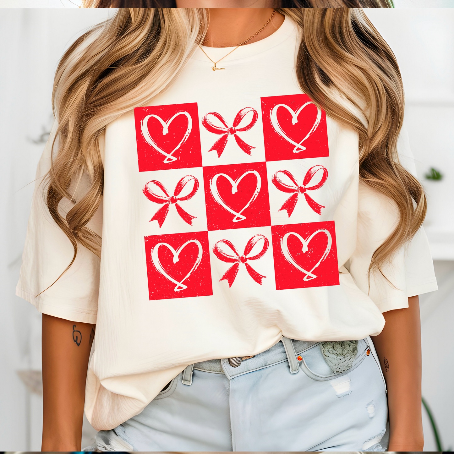 Red Heart Tic Tac Toe Ivory Tee