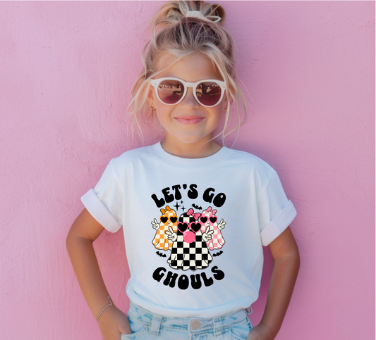 Youth Comfort Color T-shirt with cute checkered ghost with pink bow, Halloween apparel, fall ghost T-shirt, let’s go ghouls T-shirt