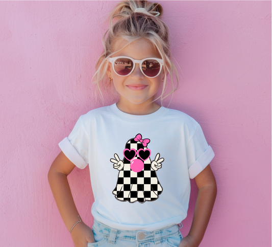 Youth Comfort Color T-shirt with cute checkered ghost with pink bow, Halloween apparel, fall ghost T-shirt