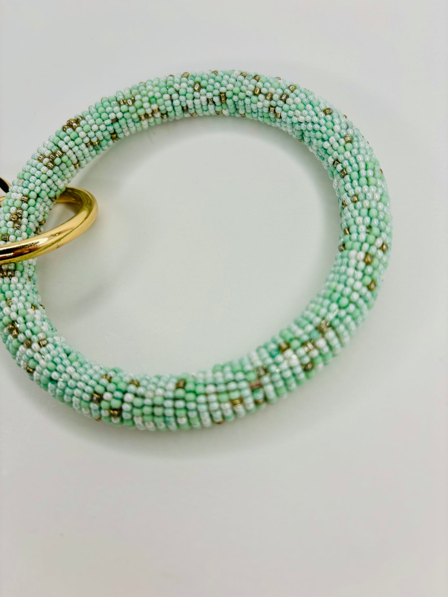 Mint Beaded Wristlet, Seed Bead wrap, Mint Green wristlet with mint tassel