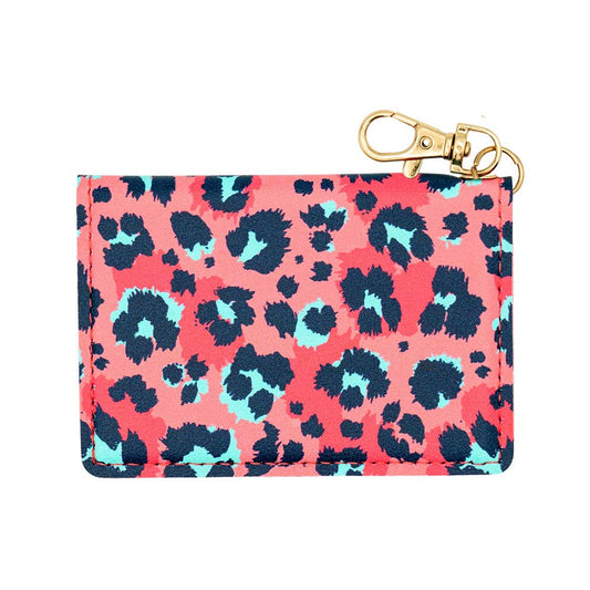 Slim Travel ID Wallet Keychain - Coral Leopard