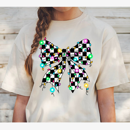 Youth Christmas Lights Checkered Bow T-Shirt