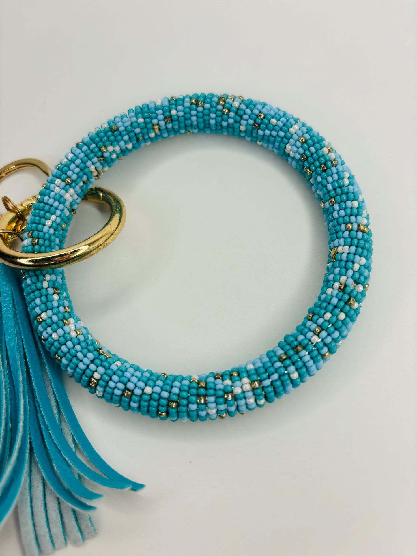 Turquoise Beaded Wristlet, Seed Bead wrap, Blue wristlet with matching blue tassel