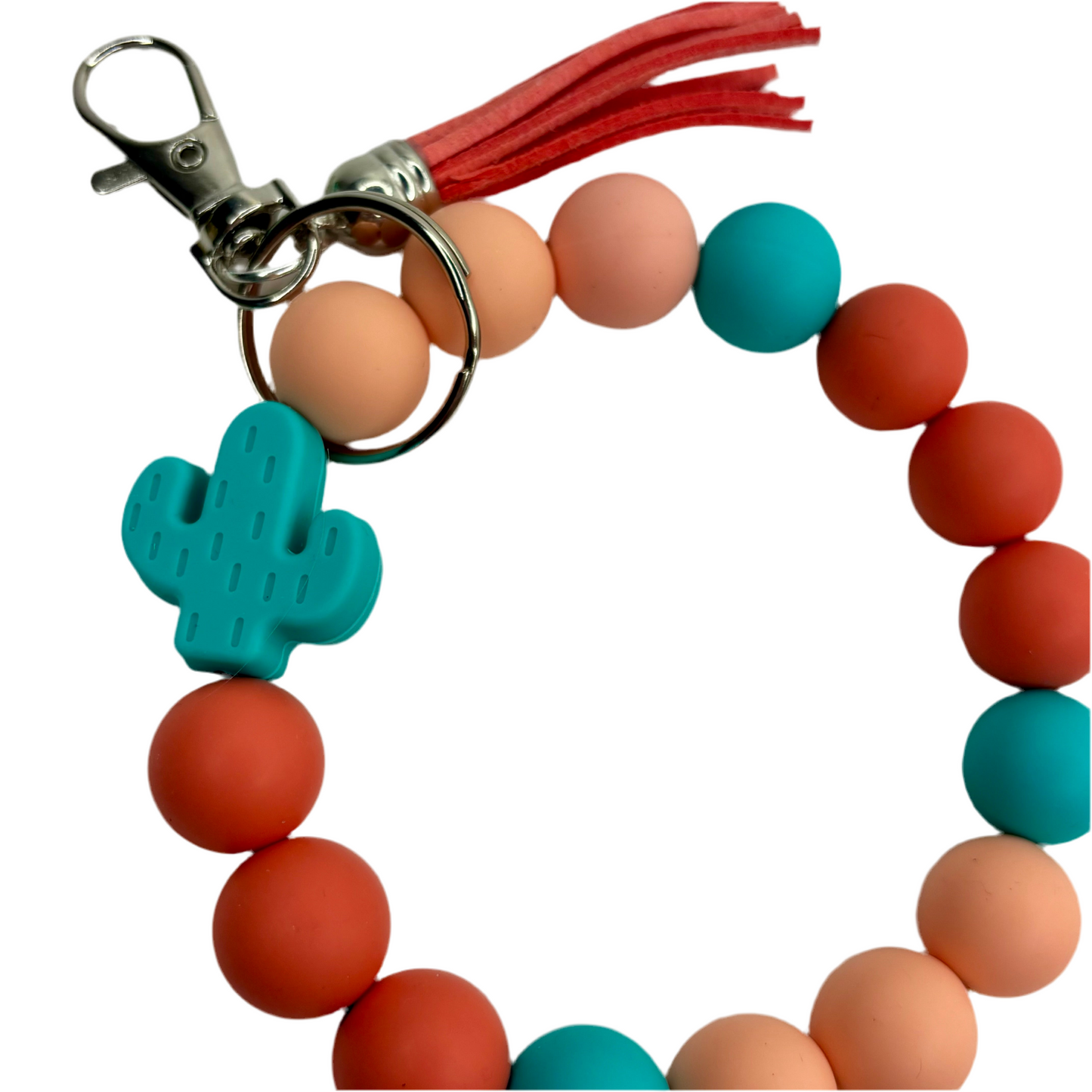 Silicone Beaded Wristlet, Cactus Focal Bead, Turquoise blue, peach, and coral wristlet with coral tassel and Turquoise cactus