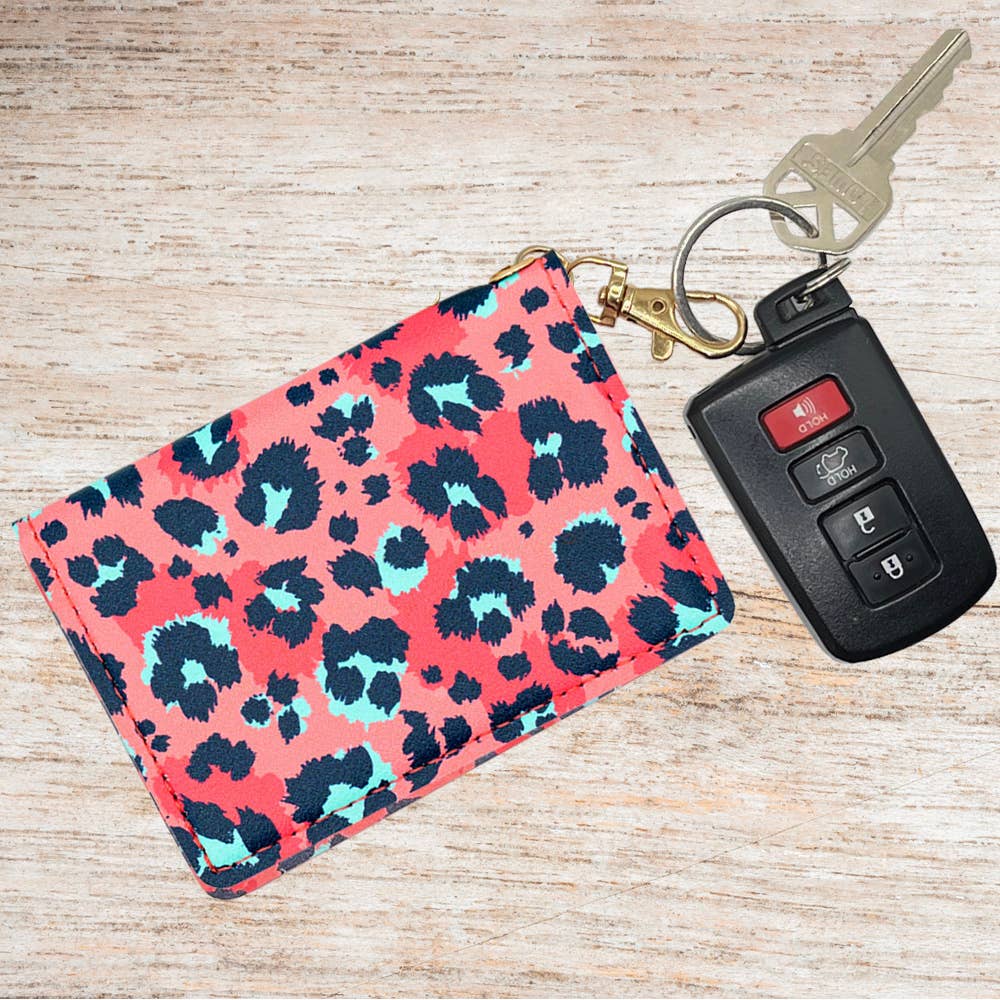 Slim Travel ID Wallet Keychain - Coral Leopard