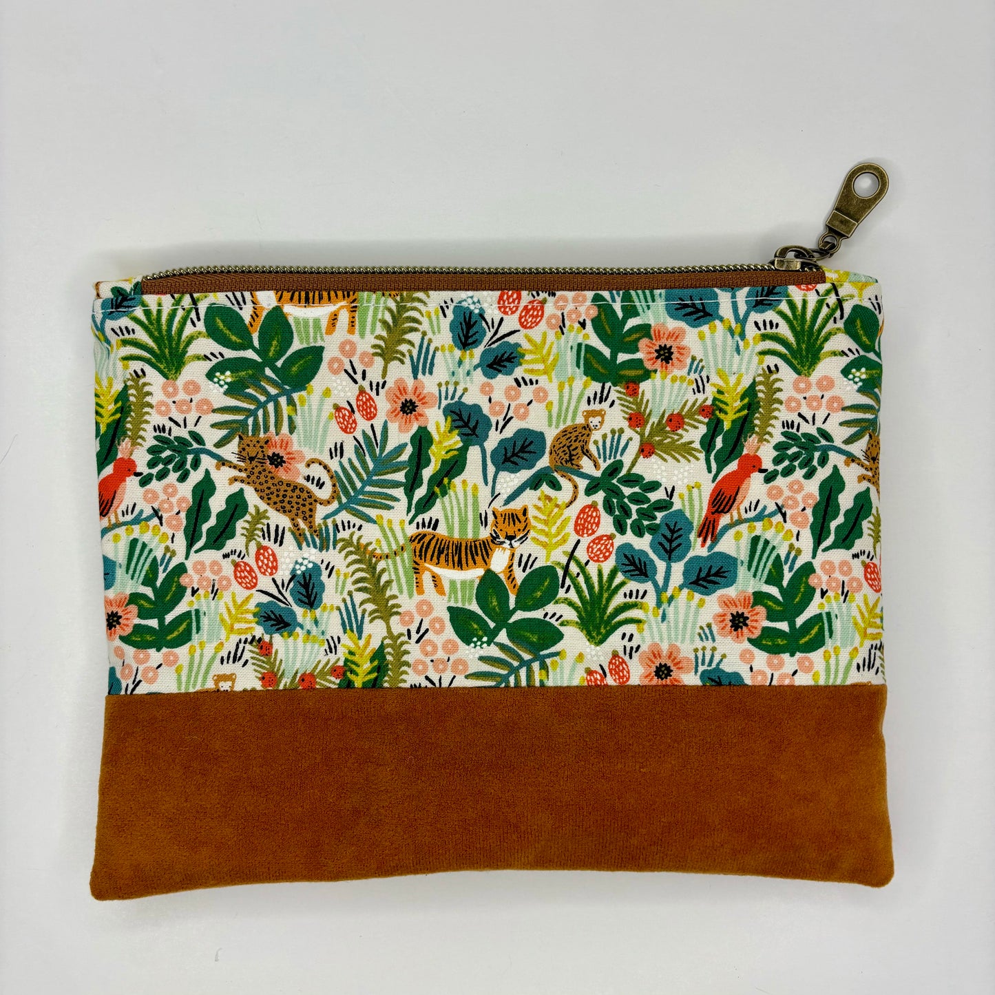 Tropical Jungle animals bag, floral bag, suede bottom, antique brass zipper