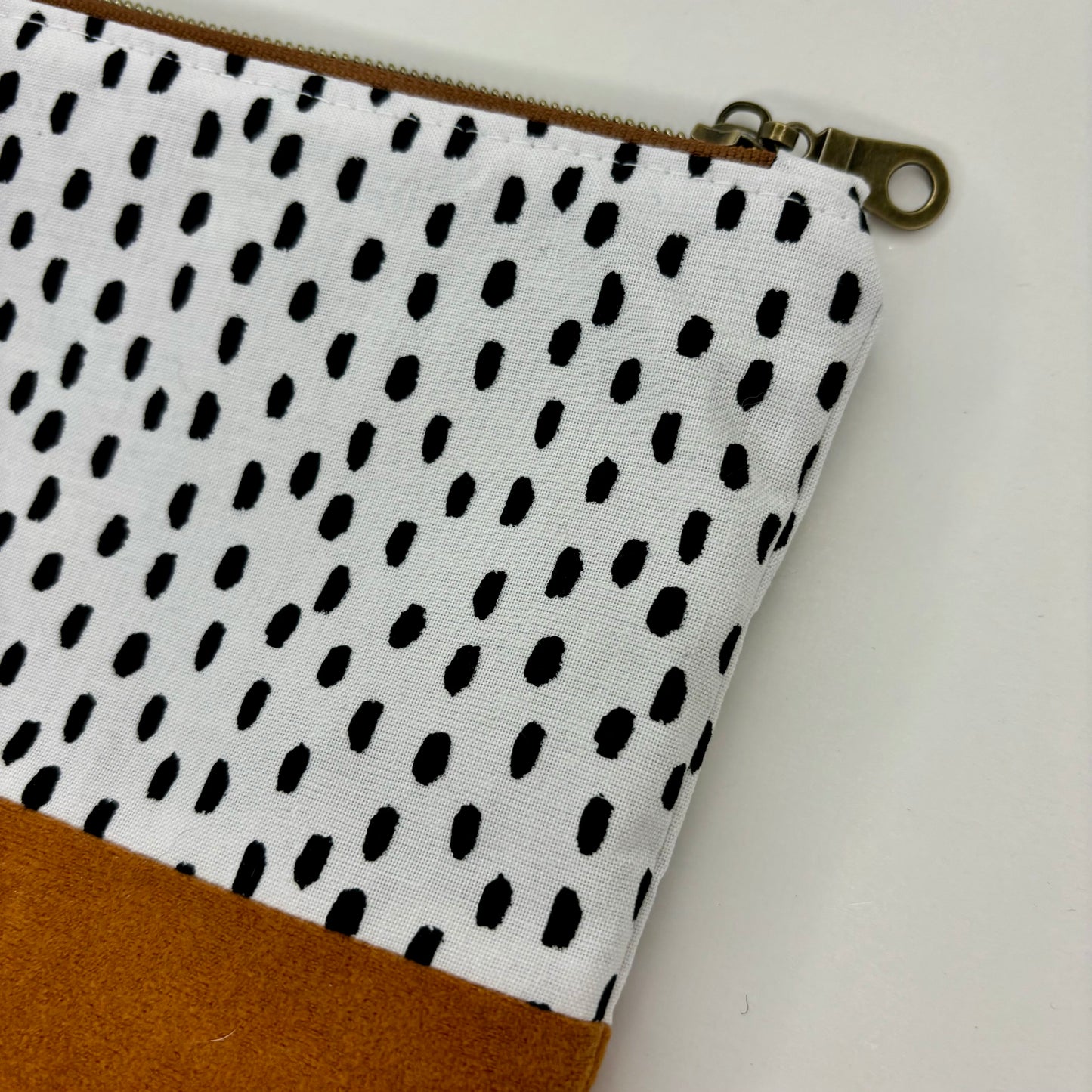 White with Black Dalmatian Spots Bag, Handmade zipper pouch, suede bottom, antique zipper