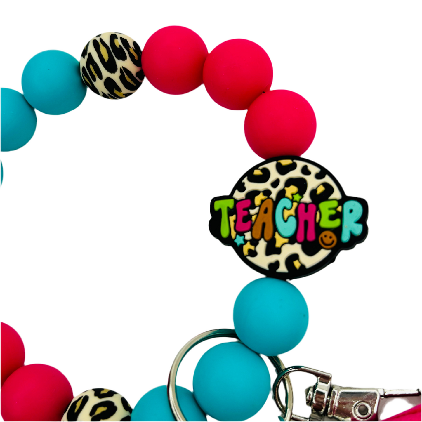 Silicone Beaded Wristlet, leopard teacher Focal Bead, Hot pink and aqua wristlet with hot pink tassel and leopard beads