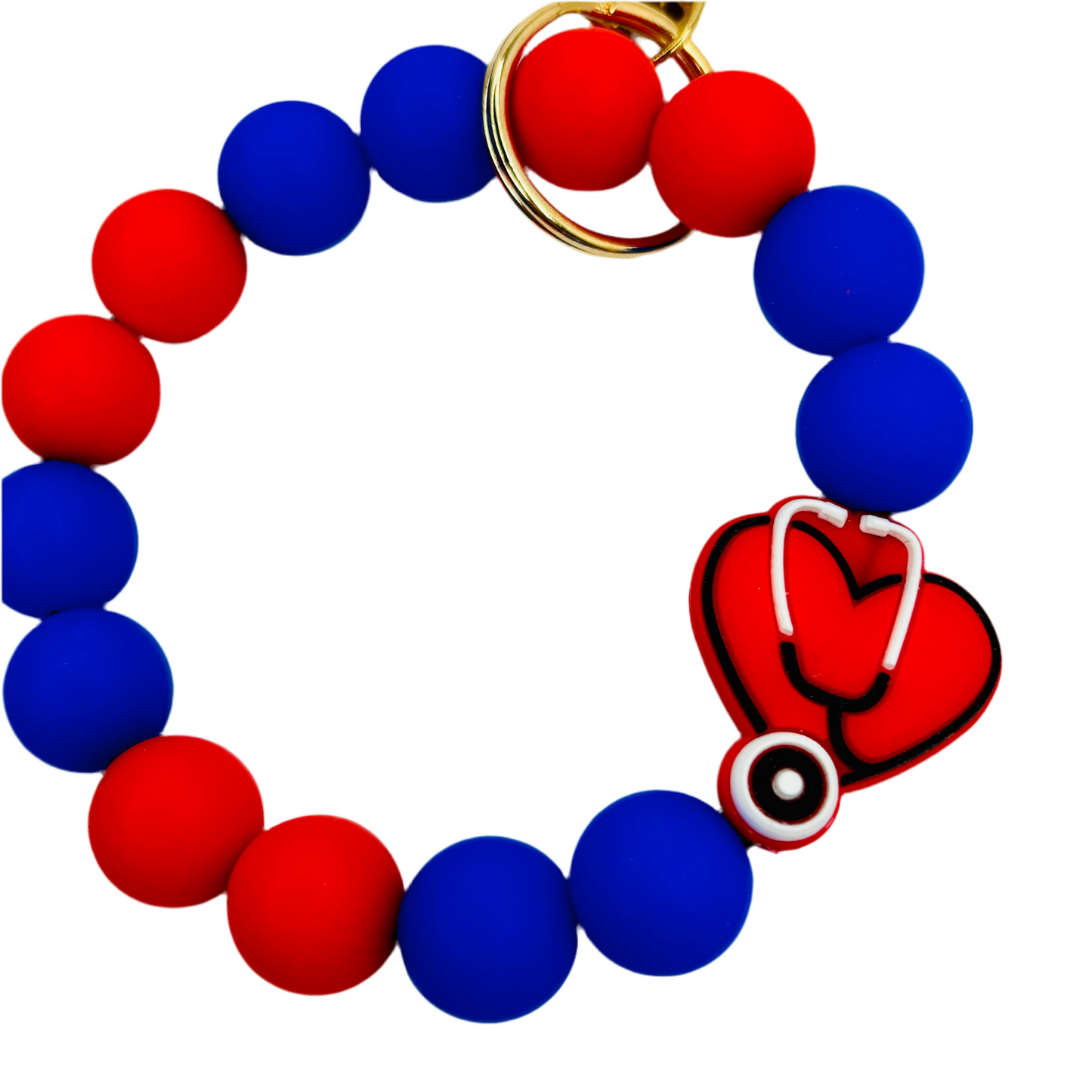 Silicone Beaded Wristlet, Nurse Heart Focal Bead, Royal blue and red wristlet with blue tassel and stethoscope bead