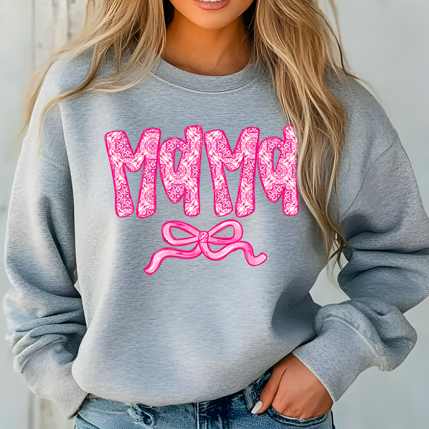 Super Cute Pink Mama With Bow on Grey Sweatshirt