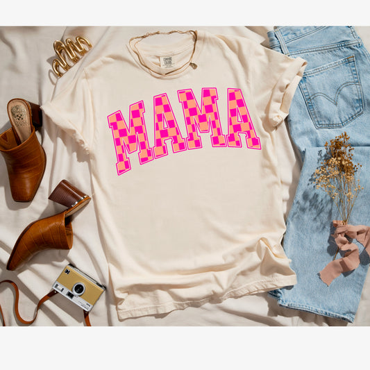 Pink and Orange Checkered Mama Tee
