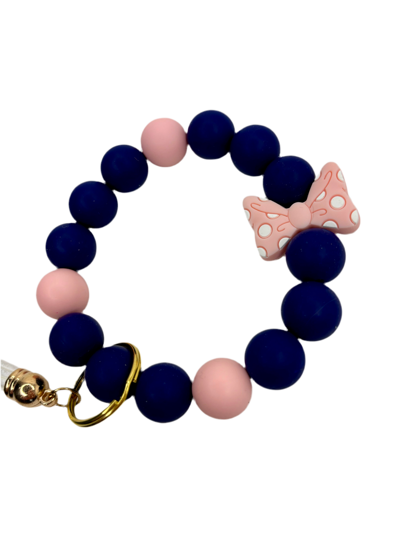 Silicone Beaded Wristlet, Bow Focal Bead, Pink and navy wristlet with white tassel