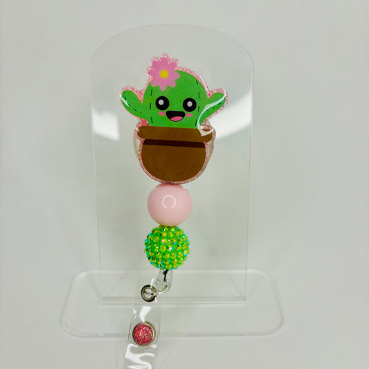 Potted Cactus Badge Reel, Beaded badge reel, ID badge holder, Cute Cactus with flower badge reel