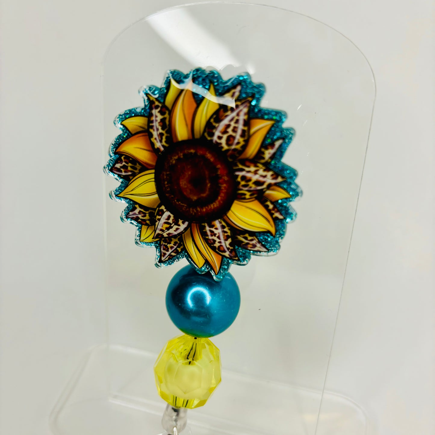 Leopard Sunflower Badge Reel, Turquoise glitter, Beaded badge reel, ID badge holder, Cute Sunflower with leopard petals badge reel