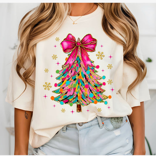 Youth Hot Pink Coquette Bow Tree T-Shirt