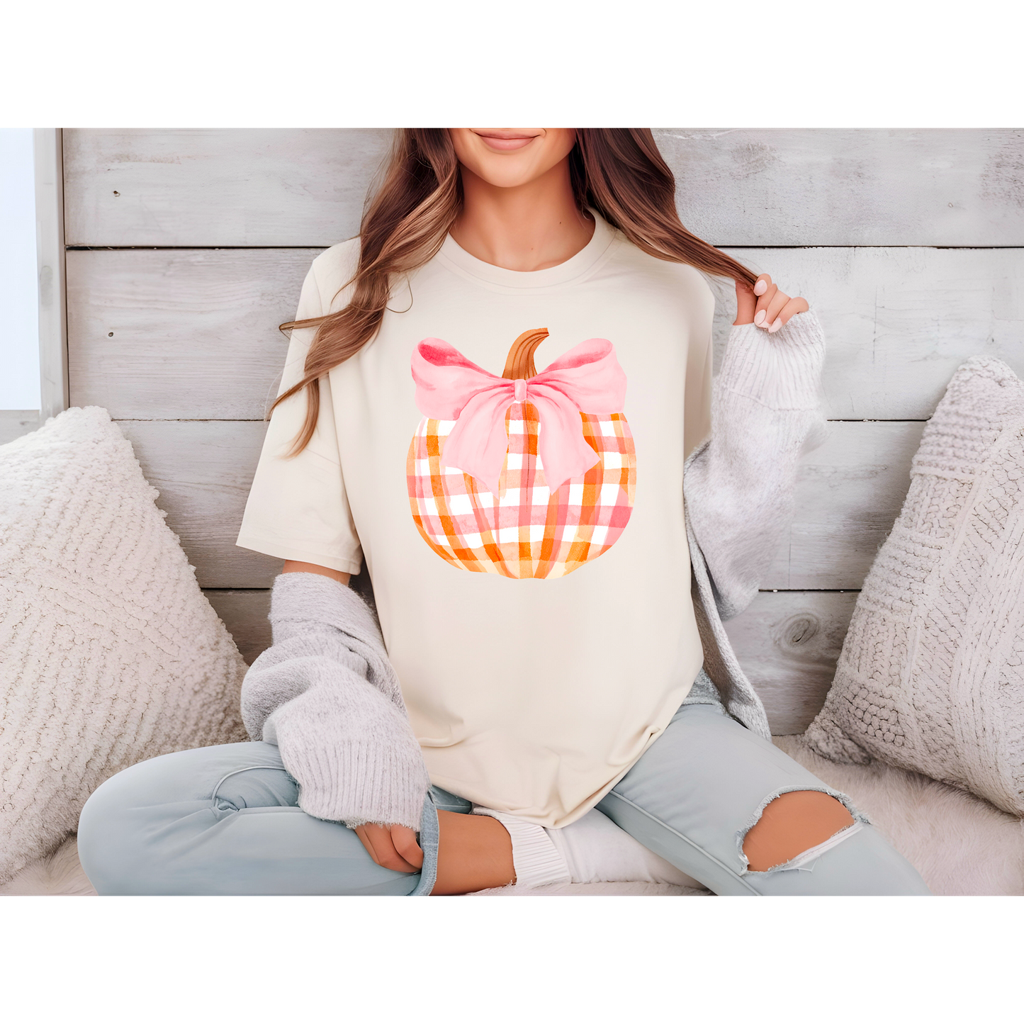 Pink plaid Water color Pumpkin T-shirt