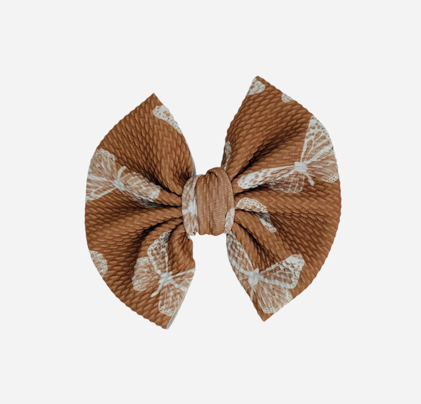 Tan Butterfly Bow, 5 inch bow, soft bullet fabric, Butterfly Bow, white butterflies