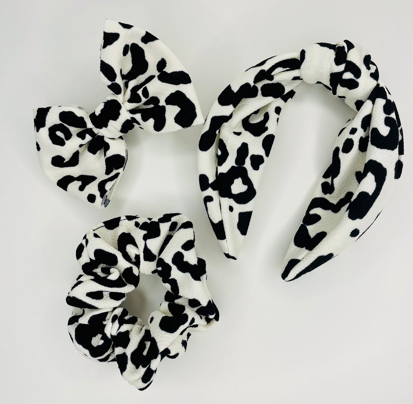 White and black leopard Scrunchie, headband and bow, Hair accessory, Soft Bullet fabric, handmade scrunchie