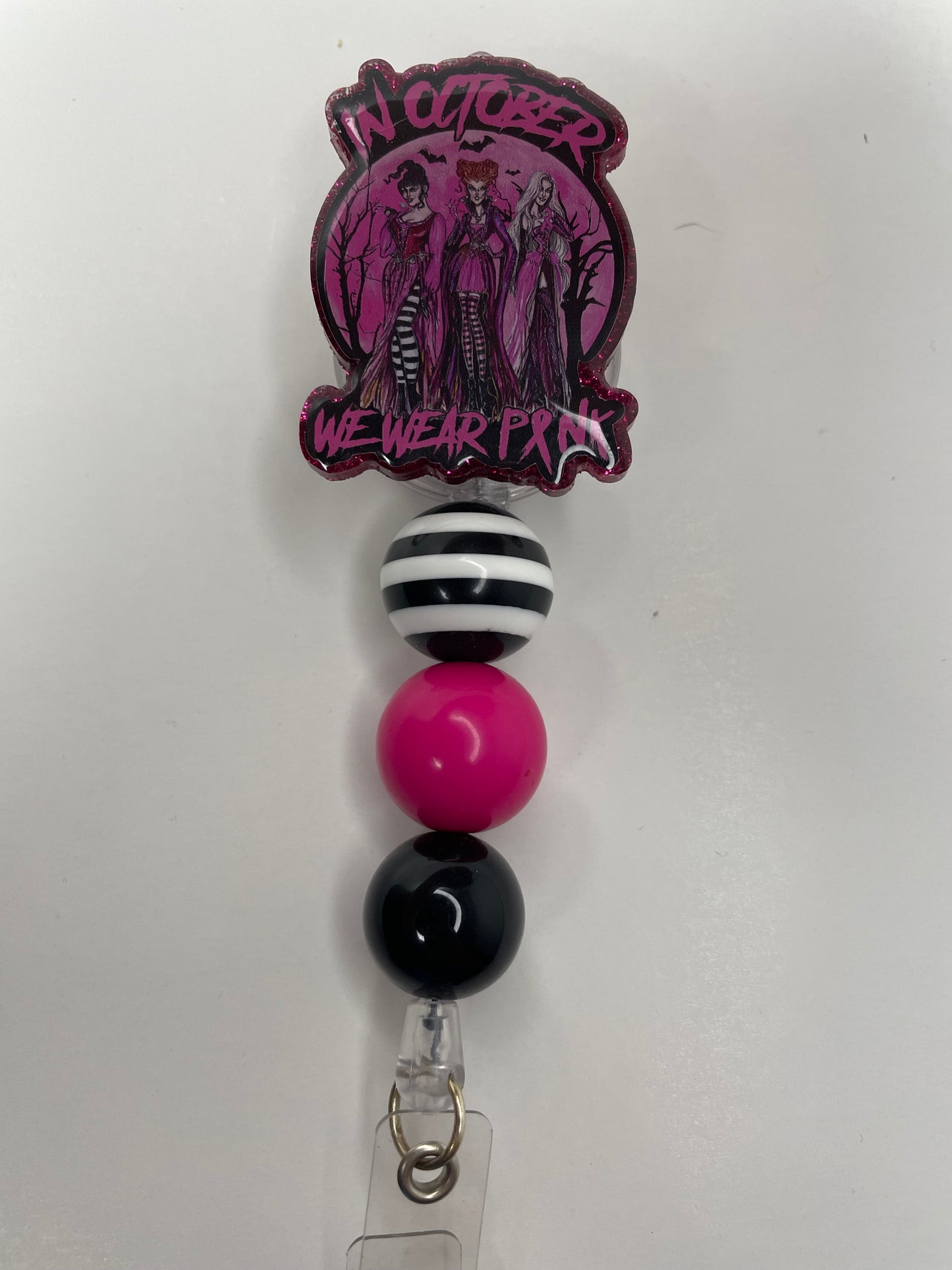 Pink Hocus Girls Badge Reel, We wear pink in October badge reel