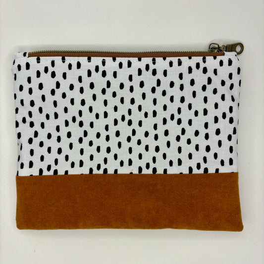 White with Black Dalmatian Spots Bag, Handmade zipper pouch, suede bottom, antique zipper