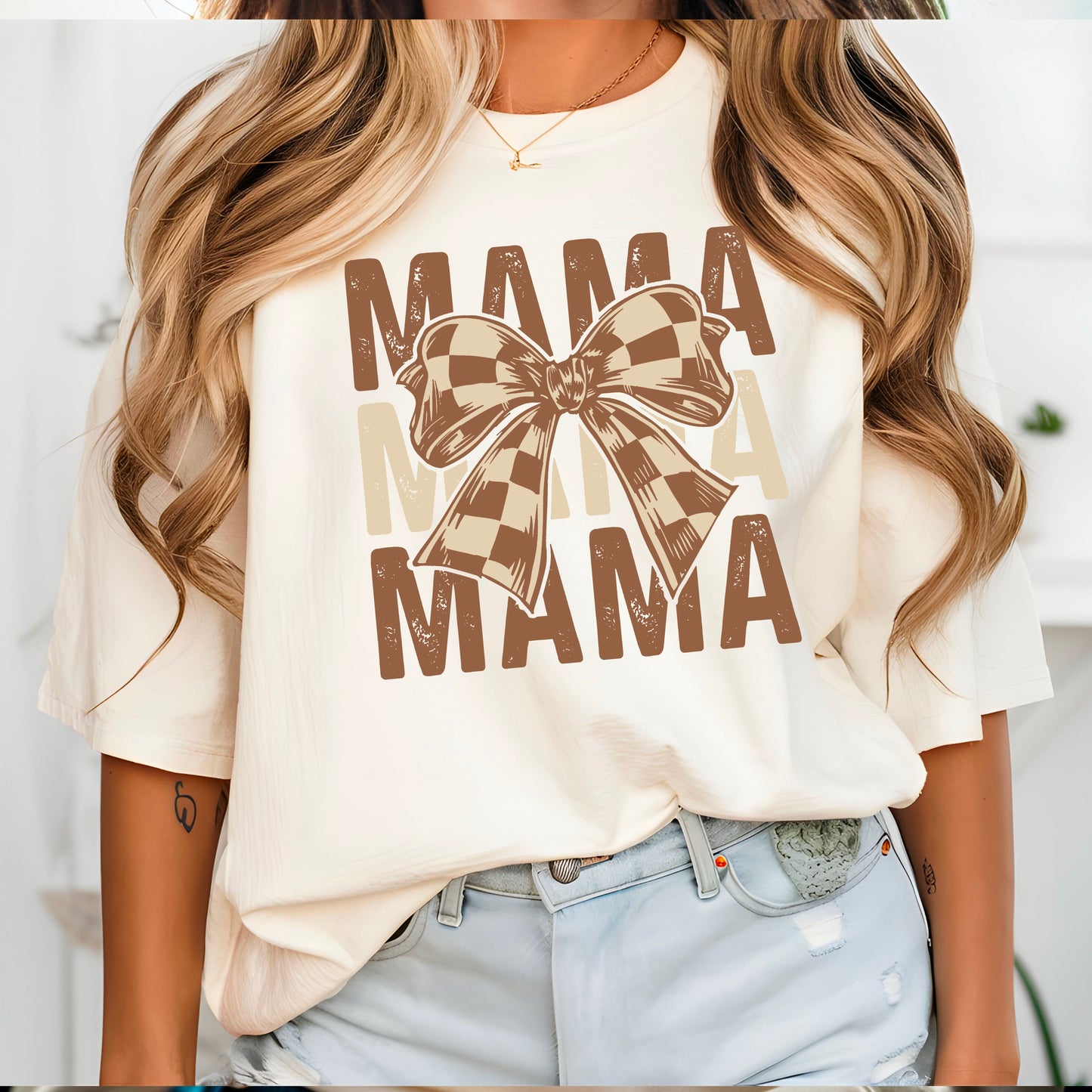 Chic Brown and Beige Mama Checkered Bow Ivory Tee