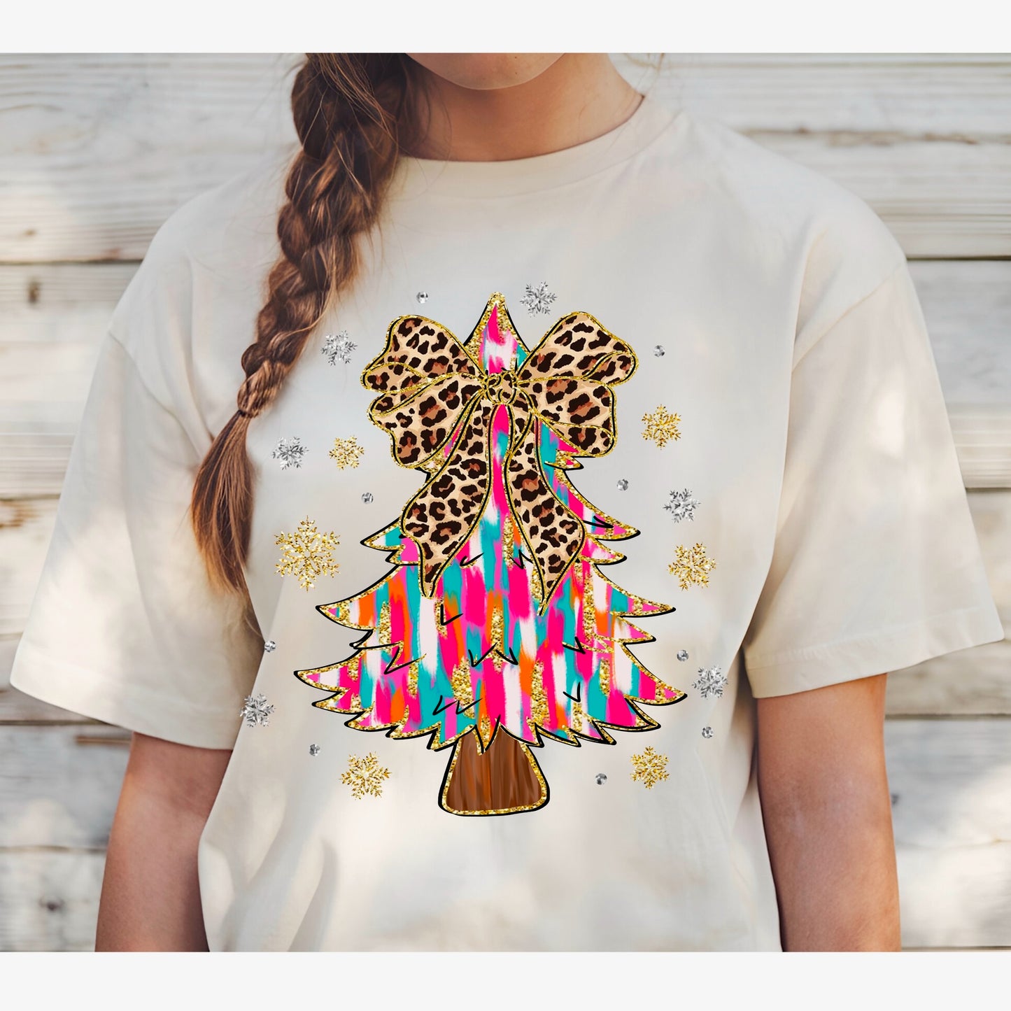 Youth Leopard Bow Christmas Tree T-Shirt