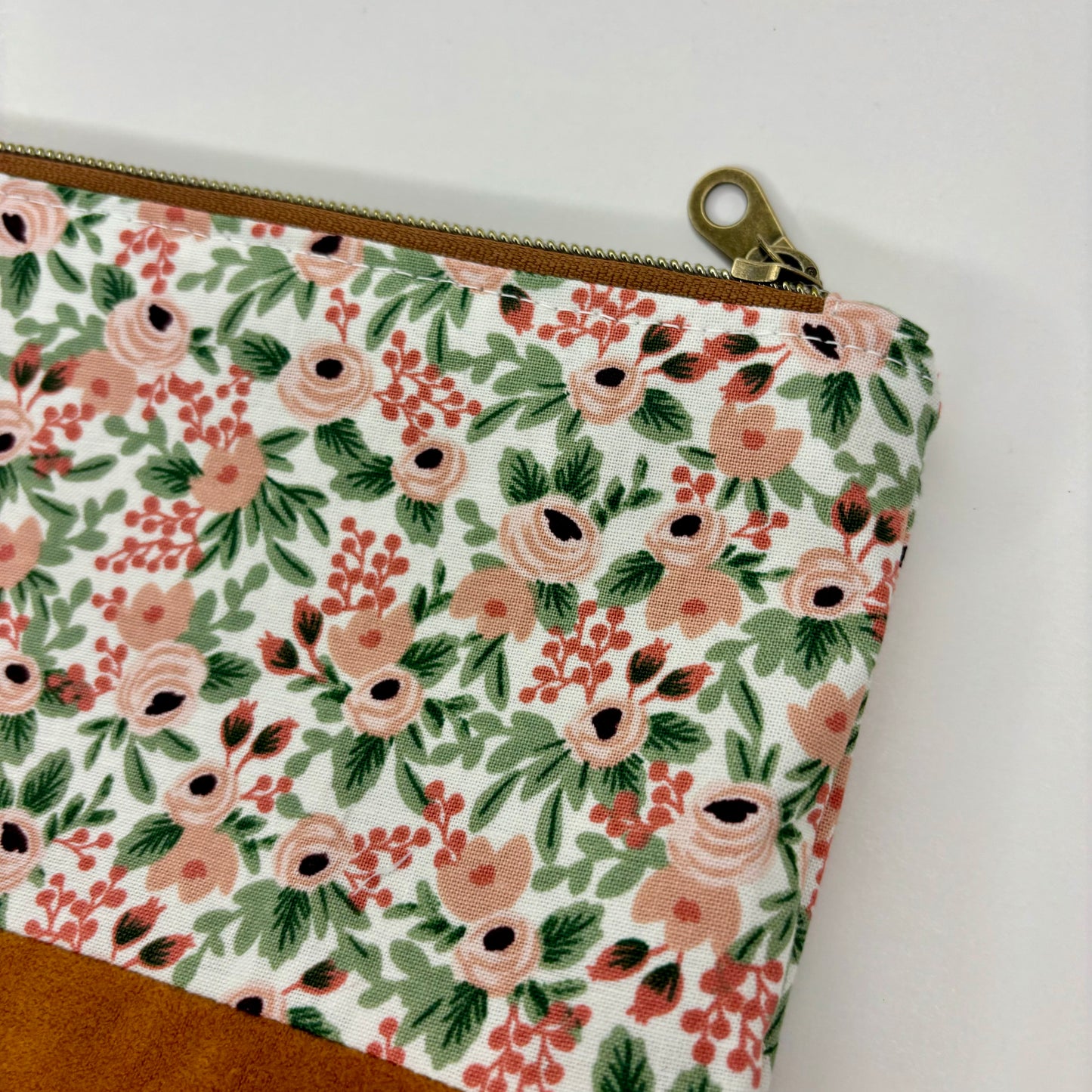 Pink Florals on cream bag, Rifle Paper Co. Fabric, suede bottom, antique brass zipper