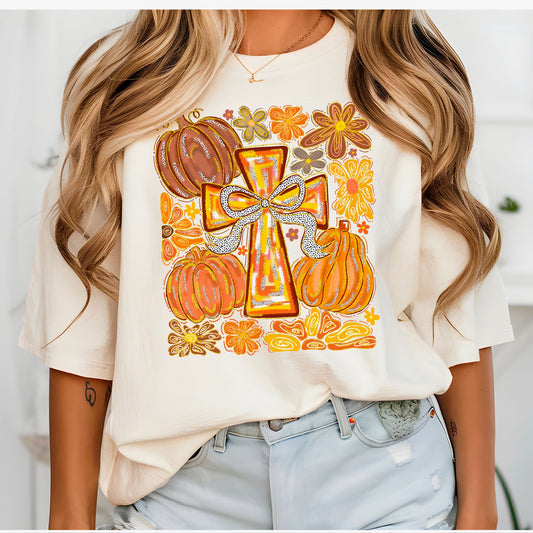 Fall Pumpkin Bow Cross T-shirt