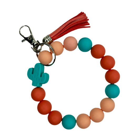 Silicone Beaded Wristlet, Cactus Focal Bead, Turquoise blue, peach, and coral wristlet with coral tassel and Turquoise cactus