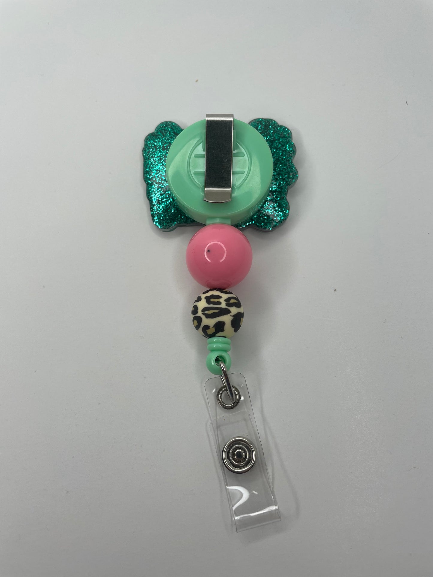Registered Nurse Beaded Badge Reel, RN badge reel, Turquoise glitter, Pink and Leopard beads