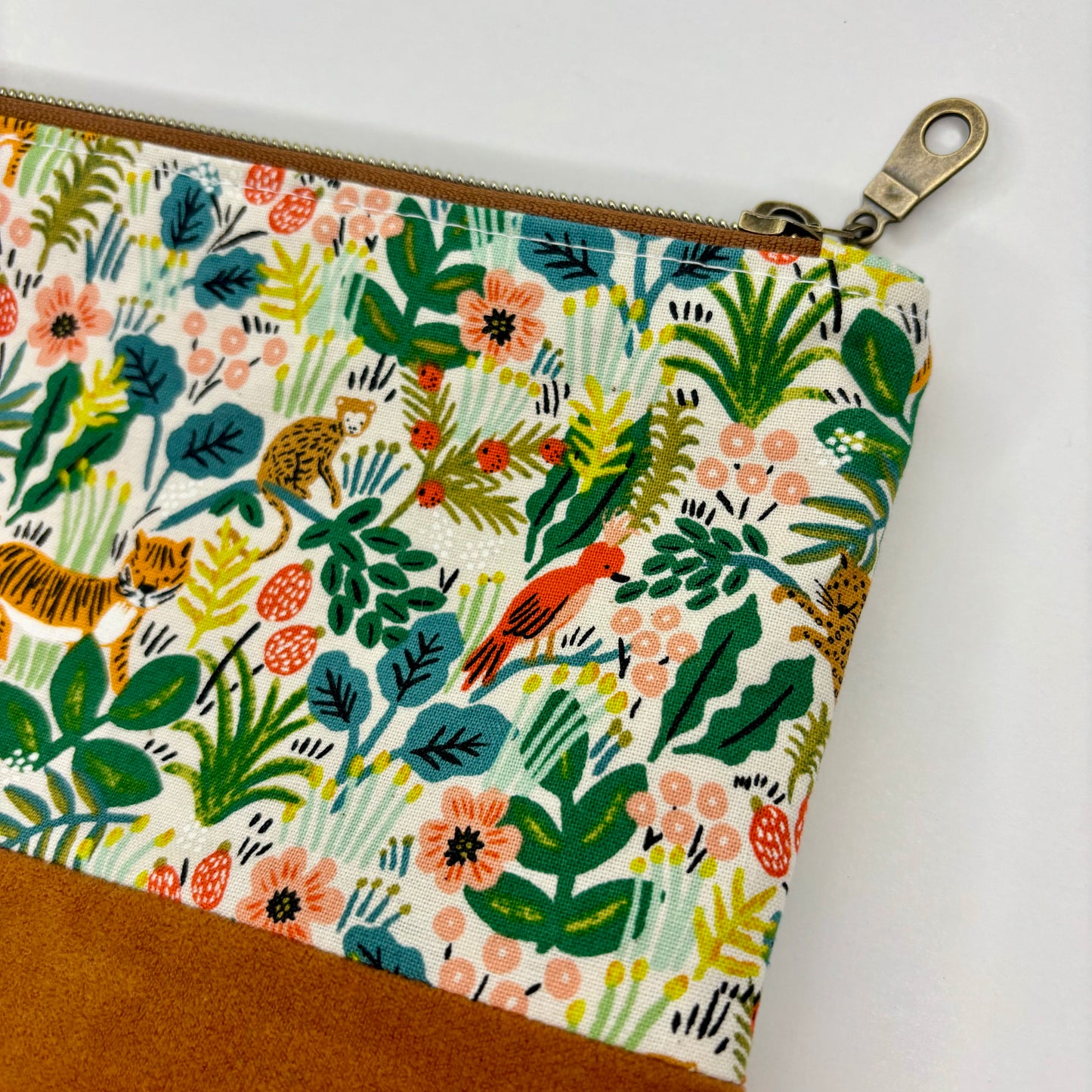 Tropical Jungle animals bag, floral bag, suede bottom, antique brass zipper