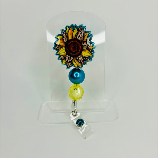 Leopard Sunflower Badge Reel, Turquoise glitter, Beaded badge reel, ID badge holder, Cute Sunflower with leopard petals badge reel