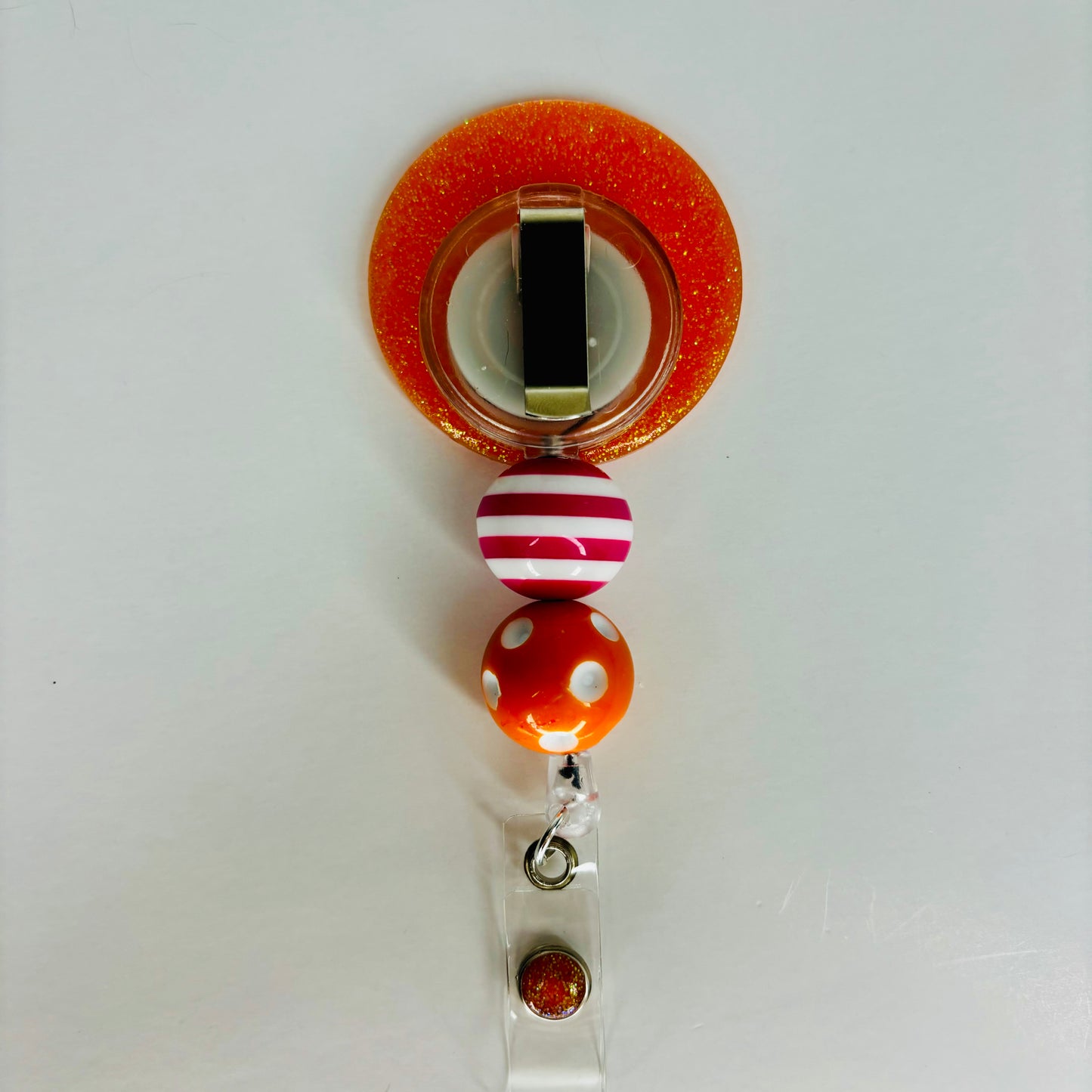 Orange and Pink Smile Badge Reel, Beaded badge reel, ID badge holder, Cute happy face badge reel