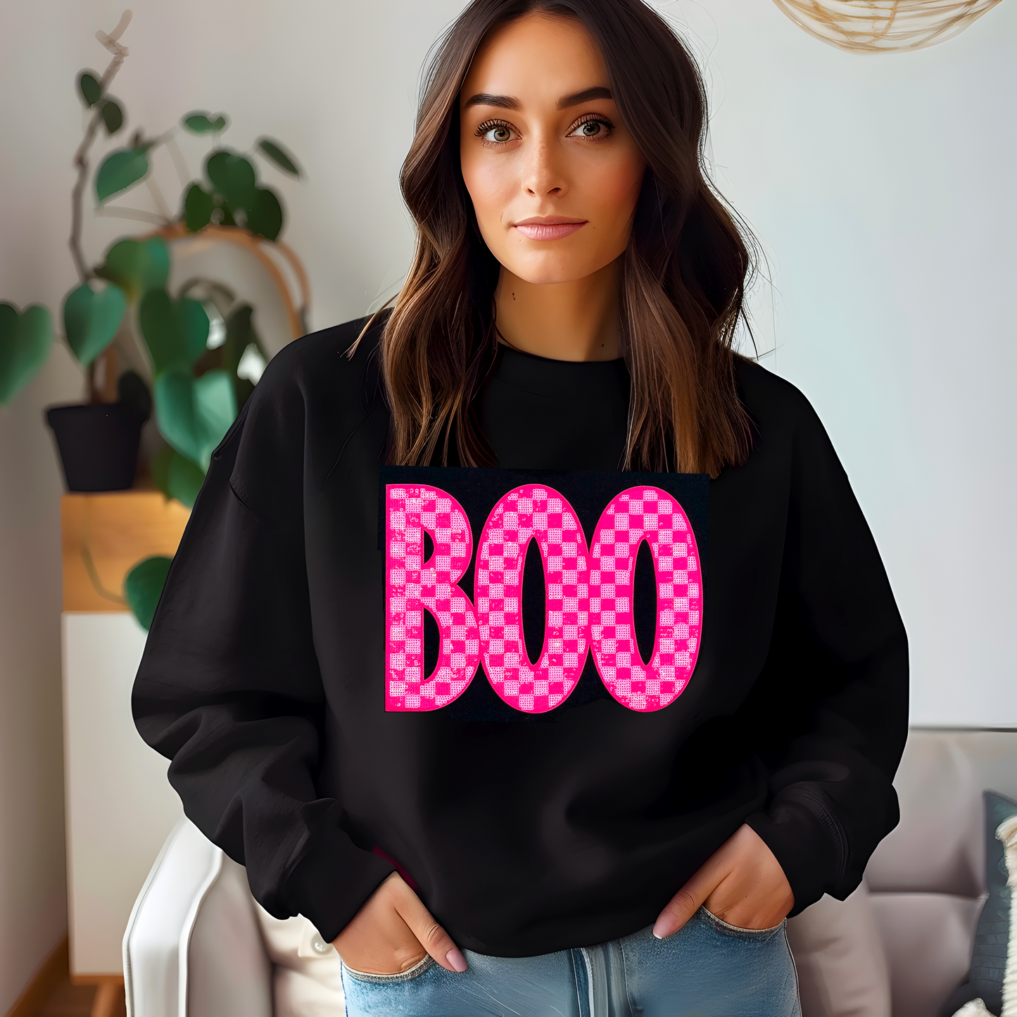 Pink Sequin Checkered Boo Sweatshirt