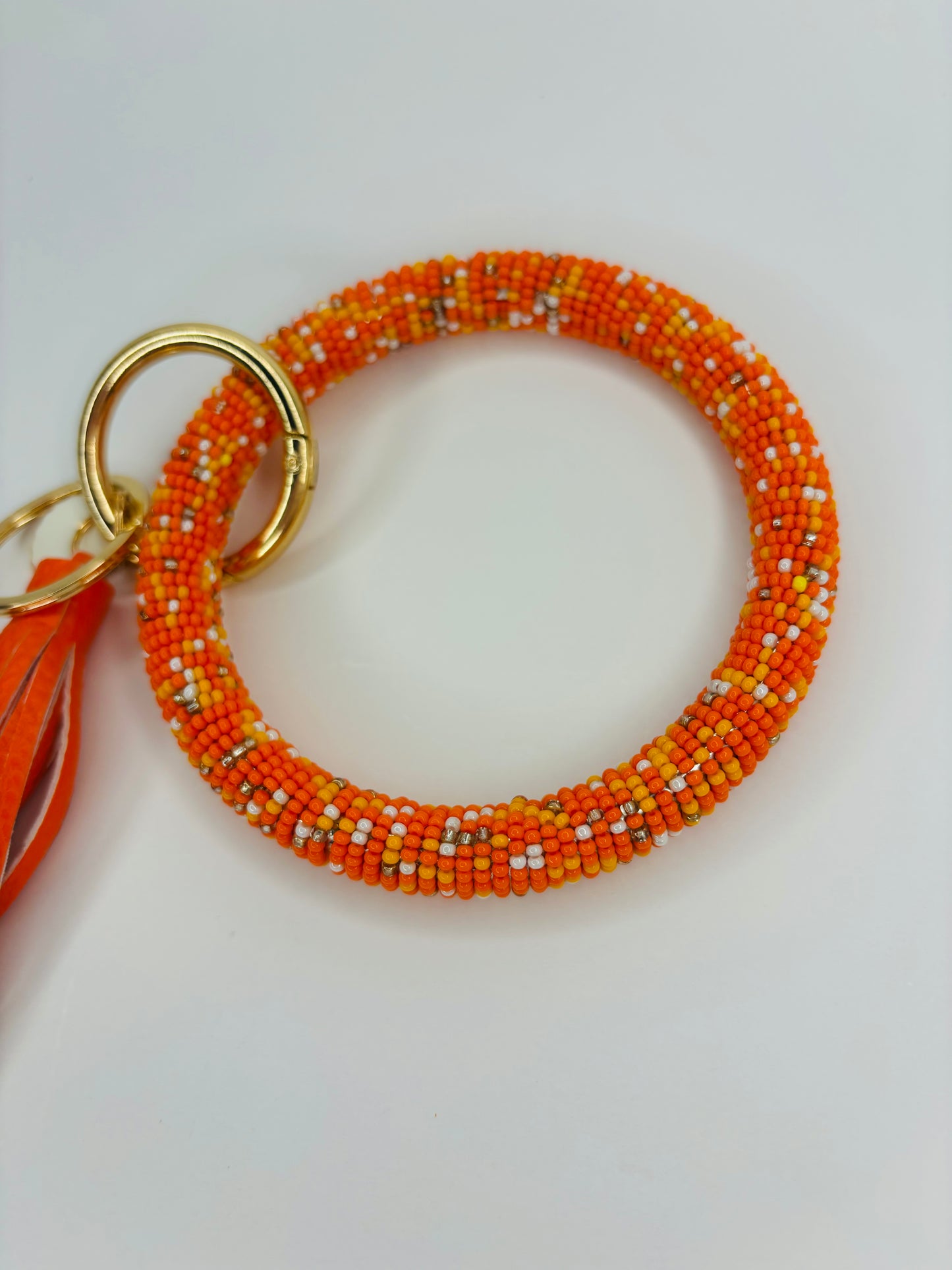 Orange Beaded Wristlet, Seed Bead wrap, orange wristlet with matching orange tassel